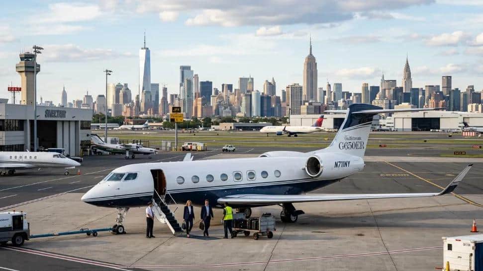 Jet privé stationné sur un tarmac d’aéroport, avec quelques personnes à proximité, et une grande skyline urbaine en arrière-plan sous un ciel partiellement nuageux.
